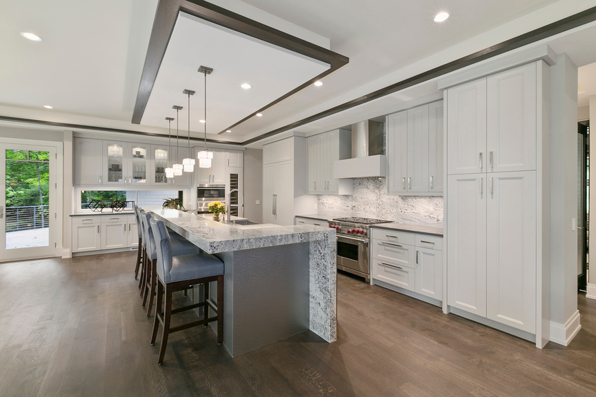 Wide open kitchen with LED lighting and recessed lighting